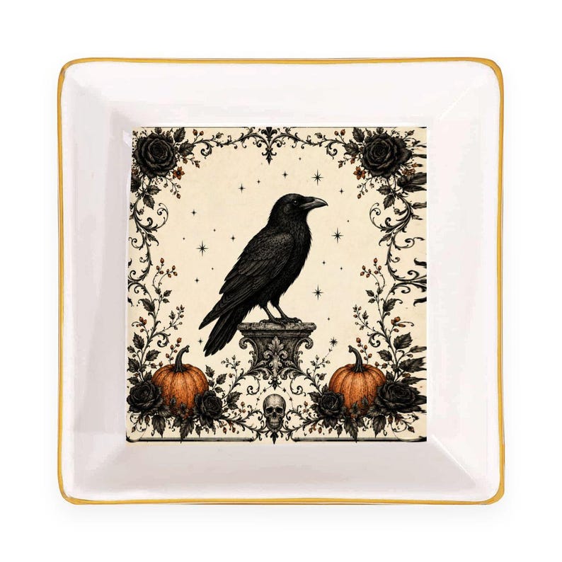Halloween Raven Mahjong Dice Dish Gold Trim Ceramic Mahjongg Accessory Trinket Tray for Dice Coins Rings Gift for Spooky Game Night Decor image 3
