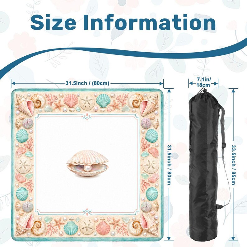 Seashell Mahjong Table Mat with Travel Carry Bag, Coastal Ocean Tile Game Mat, Mahjong Accessory Gift 31.5"x31.5" (Ship Rolled up) image 2