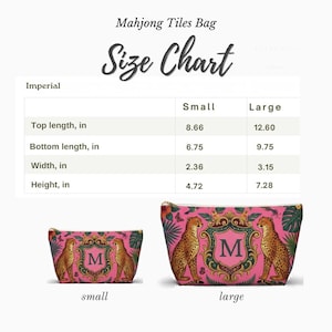 May include: Pink Mahjong Tiles Bag with a cheetah design. The bag is available in small and large sizes. The small bag is 8.66 inches long, 6.75 inches bottom length, 2.36 inches wide, and 4.72 inches high. The large bag is 12.60 inches long, 9.75 inches bottom length, 3.15 inches wide, and 7.28 inches high.