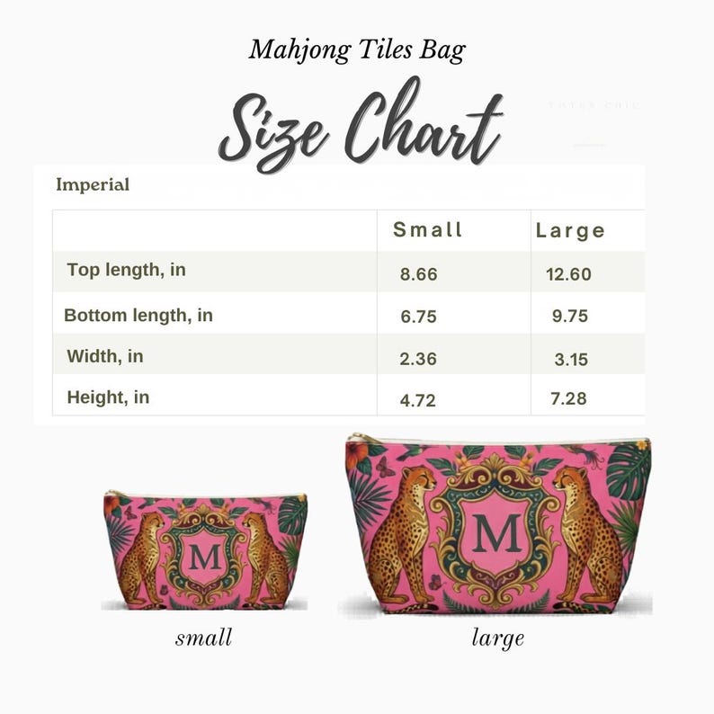 May include: Pink Mahjong Tiles Bag with a cheetah design. The bag is available in small and large sizes. The small bag is 8.66 inches long, 6.75 inches bottom length, 2.36 inches wide, and 4.72 inches high. The large bag is 12.60 inches long, 9.75 inches bottom length, 3.15 inches wide, and 7.28 inches high.