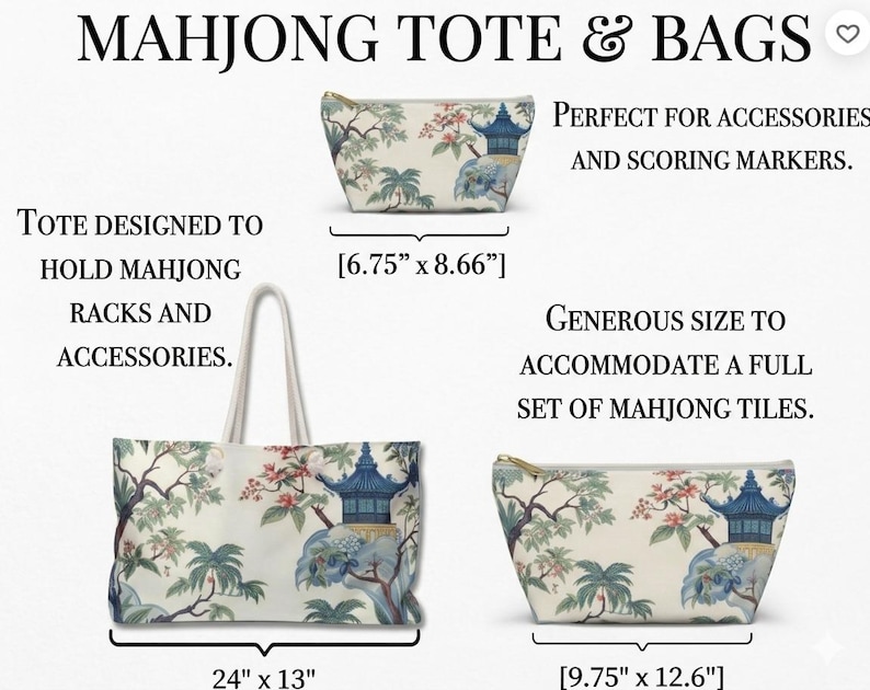 Chinoiserie Mahjong Tasche, Aufbewahrungstasche für blaue Pagoden, Mahjong-Etui mit Reißverschluss, Tote- und Zubehörtaschen separat erhältlich Bild 14