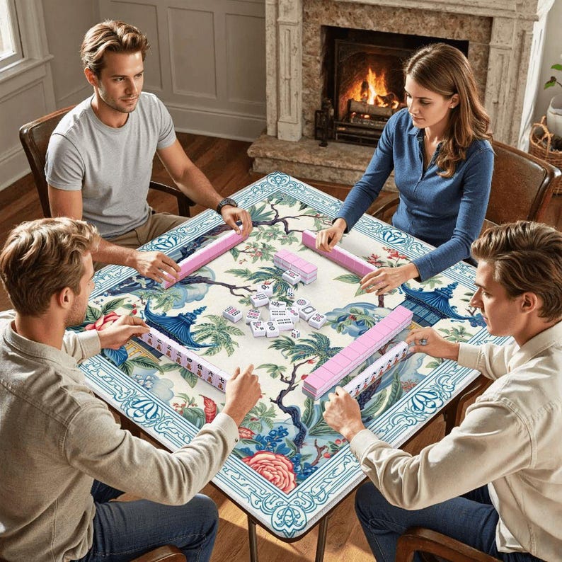 Tropical Garden Mahjong Mat with Non Slip Rubber Backing, Blue Pagoda Bird Design Mat with Carry Bag, Size 31.5"x31.5" (Ship Rolled up) image 5