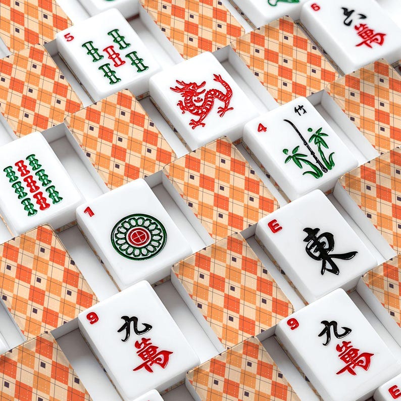 Orange Plaid American Mahjong Tiles Set Fall Mahjongg Accessories Travel Game Tiles Gift for Mahjong Players Cozy Party Game Decor Set image 1