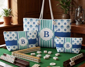 Personalized Navy Floral Mahjong Bag Set, Monogram Beach Tote, Custom Bridesmaid Gift, Cosmetic Pouch, Travel Organizer Bag