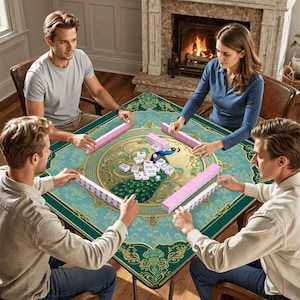Puede incluir: Una mesa de mahjong cuadrada con una superficie en tonos verde azulado y dorado que presenta una ilustraci&oacute;n de un pavo real en el centro. Incluye cuatro soportes rosas para fichas y fichas blancas con caracteres negros para jugar.