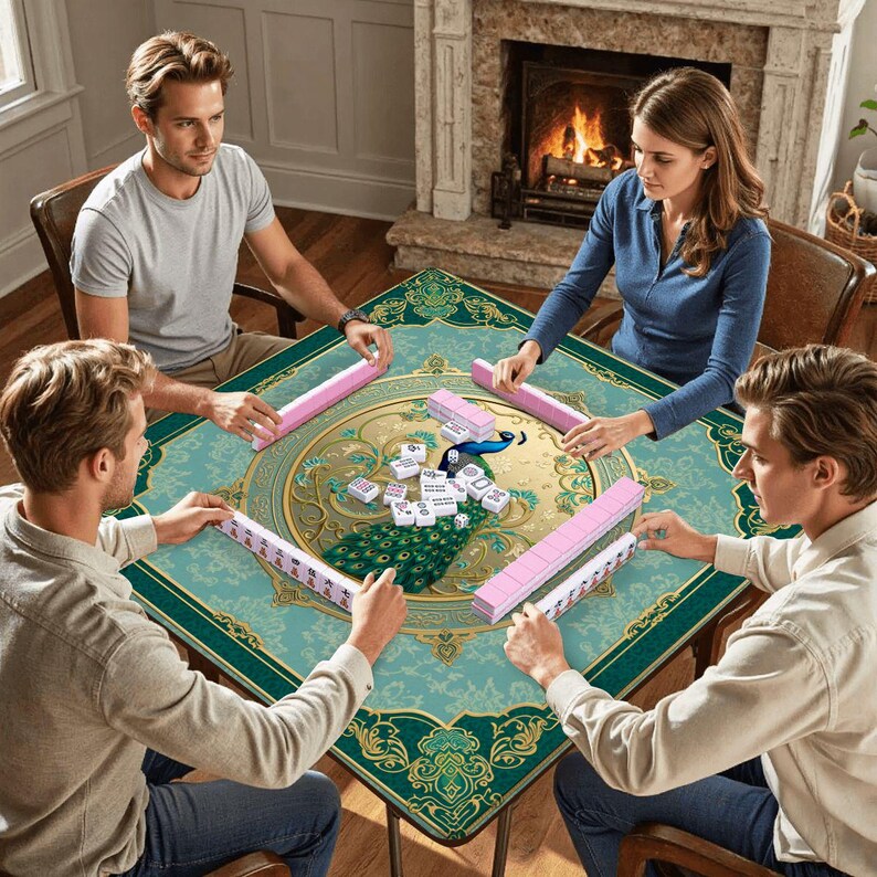Puede incluir: Una mesa de mahjong cuadrada con una superficie en tonos verde azulado y dorado que presenta una ilustraci&oacute;n de un pavo real en el centro. Incluye cuatro soportes rosas para fichas y fichas blancas con caracteres negros para jugar.
