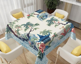 Mahjong Table Cover, Chinoiserie Square Tablecloth, Blue Floral Pagoda Game Table Cover, Tropical Pagoda Dining Decor for Mahjong