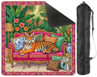 Tropical Tiger Mahjong Mat with Carrying Bag, Jungle Chinoiserie American Mahjong Mat, Bold Game Night Gift  31.5"x31.5" (Ship Rolled up)