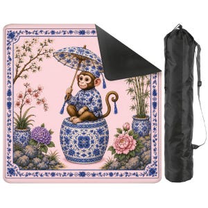 Pink Monkey Mahjong Mat, Chinoiserie Mahjong Table Cover, Floral Monkey Gift, Portable Mahjong Accessories 31.5"x31.5" (Ship Rolled up) image 1