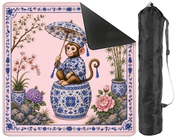 Pink Monkey Mahjong Mat, Chinoiserie Mahjong Table Cover, Floral Monkey Gift, Portable Mahjong Accessories 31.5"x31.5" (Ship Rolled up)