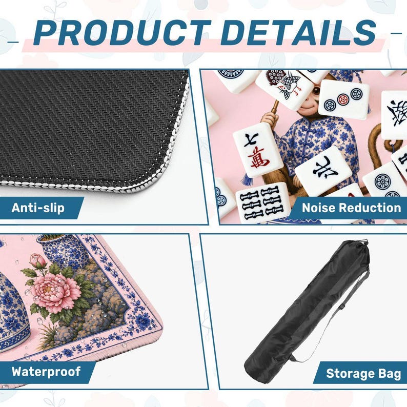 Pink Monkey Mahjong Mat, Chinoiserie Mahjong Table Cover, Floral Monkey Gift, Portable Mahjong Accessories 31.5"x31.5" (Ship Rolled up) image 5