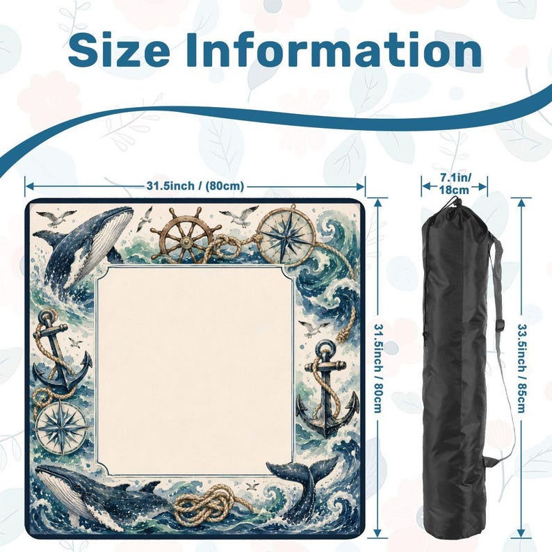 Nautical Mahjong Table Mat with Travel Carry Bag, Whale Anchor Ocean Tile Game Mat, Mahjong Accessory Gift size 31.5"x31.5" (Ship Rolled up) Bild 2