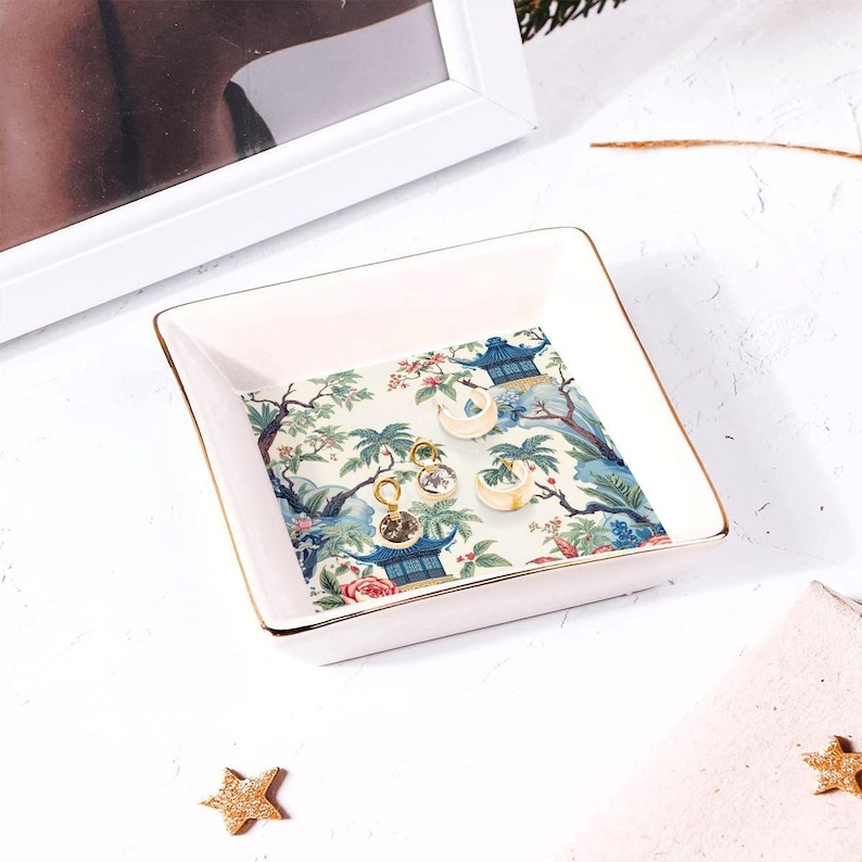 Blue Pagoda Chinoiserie Mahjong Dice Dish Tray, Ceramic Tile Game Bowl, Floral Mahjong Accessory Gift for Game Night Players image 4