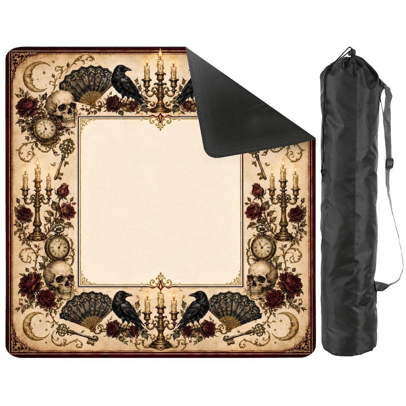 Gothic Raven Mahjong Mat,Halloween Mat with Carry Bag , Spooky Game Night Accessory Gift for Mahjong Players 31.5"x31.5" (Ship Rolled up) image 1
