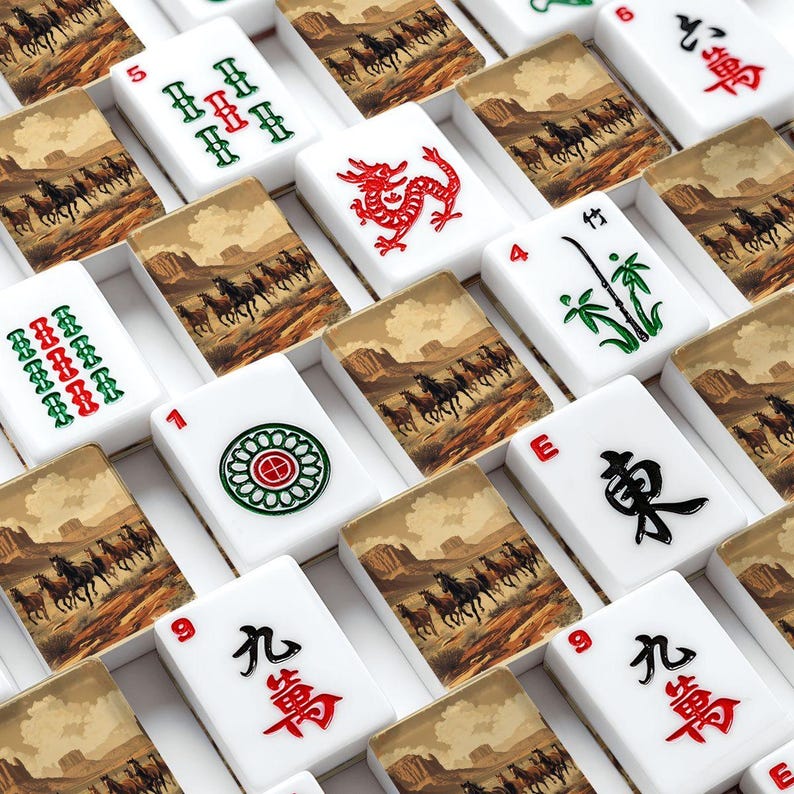Horse Theme Mahjong Tile Set 166 Pieces, Mahjong Tiles, American Mahjong Game Set, Western Sunset Horse Design Gift image 1