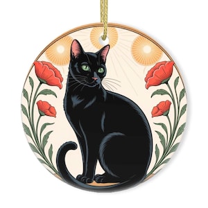 Vintage Black Cat Round Shape Ceramic Ornament Christmas Decorations, Double side Printed