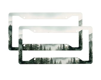 Marco de matrícula con diseño de bosque, pino en la montaña brumosa, marco para placa de coche con paisaje natural, accesorio para coche, decoración rústica para coche, regalo para amantes de la naturaleza, 2 piezas