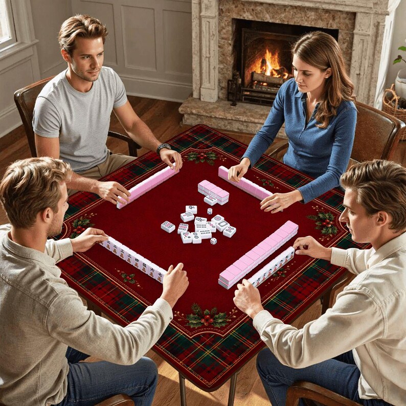 Tapete de Mahjong navideño con diseño de acebo a cuadros rojos y bolsa de transporte, tapete de Mahjong para las fiestas, regalo ideal para una noche de juegos festiva, 80 x 80 cm (se envía enrollado). imagen 6