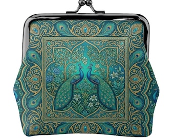 Monedero con cierre de beso de pavo real, color verde azulado, cartera ornamentada, monedero barroco vintage con cierre, elegante monedero con forma de pájaro, pequeño monedero de lujo artístico, regalo.