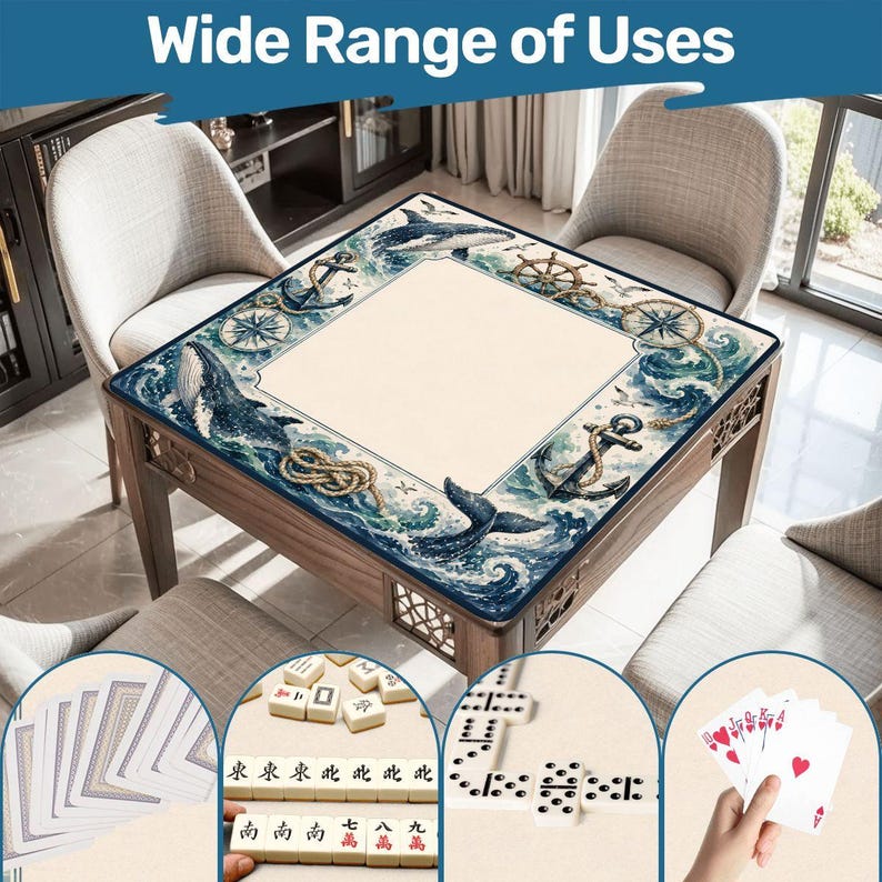 Nautical Mahjong Table Mat with Travel Carry Bag, Whale Anchor Ocean Tile Game Mat, Mahjong Accessory Gift size 31.5"x31.5" (Ship Rolled up) Bild 7