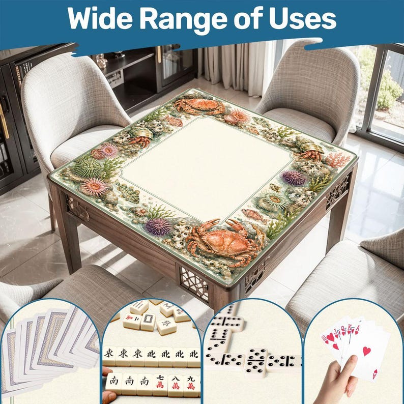 Crab Mahjong Table Mat with Travel Carry Bag, Coastal Seashell Ocean Tile Game Mat, Mahjong Accessory Gift 31.5"x31.5" (Ship Rolled up) image 7
