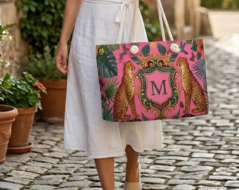 Personalized Mahjong Tote Bag, Leopard Pink Monogram Mahjong Storage Bag Large Mahjong Tile Tote with Zipper Pouch Accessory Bags