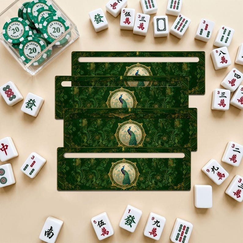 Mahjong Line Reader Set of 4 Acrylic Game Guides, Green Peacock Mahjong Accessories, Tile Row Helper, Game Night Gift for Players image 1