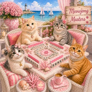 Op de afbeelding: Een grillige illustratie toont vier katten die mahjong spelen op een terras met uitzicht op zee. De katten dragen parelkettingen en strikken. De tafel is gedekt met roze tegels en een theekopje. Een bord leest "Meowjong Masters".
