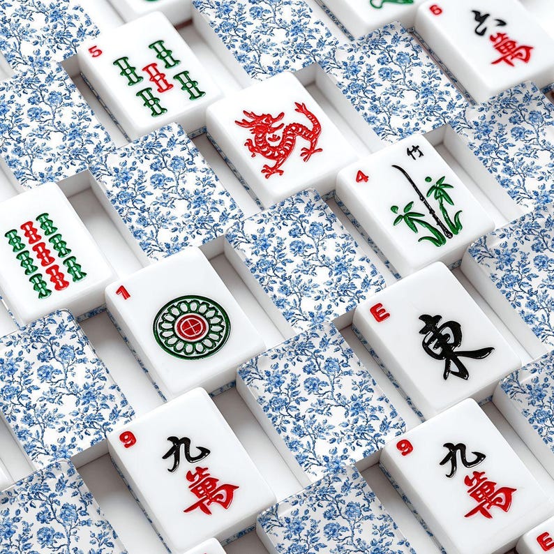 Blue Floral Mahjong Tile Set 166 Pieces,Chinoiserie Mahjong Tiles, Luxury American Mahjong Game Set image 1