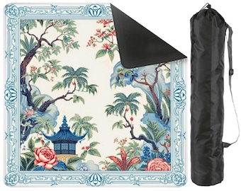 Tropical Garden Mahjong Mat with Non Slip Rubber Backing, Blue Pagoda Bird Design Mat with Carry Bag, Size 31.5"x31.5" (Ship Rolled up)