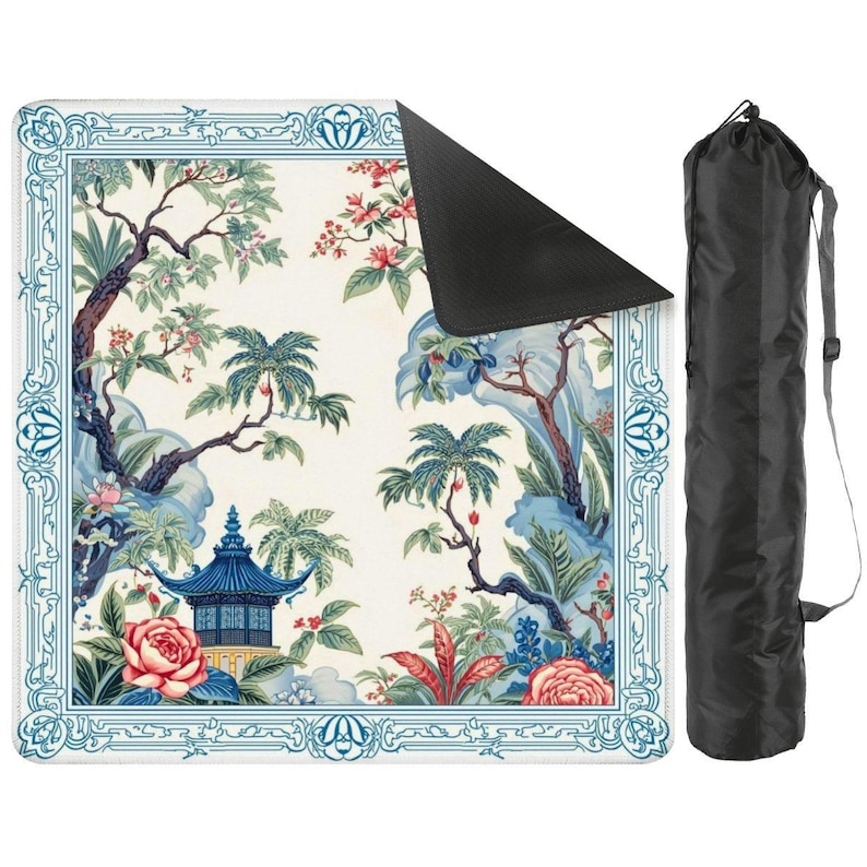 Tropical Garden Mahjong Mat with Non Slip Rubber Backing, Blue Pagoda Bird Design Mat with Carry Bag, Size 31.5"x31.5" (Ship Rolled up) image 1