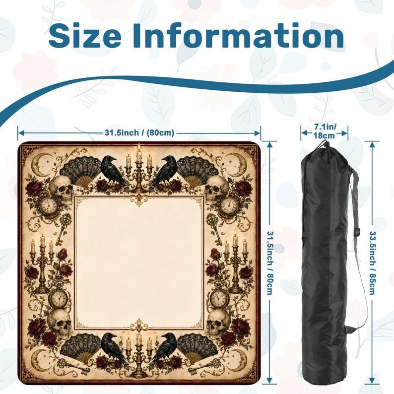 Gothic Raven Mahjong Mat,Halloween Mat with Carry Bag , Spooky Game Night Accessory Gift for Mahjong Players 31.5"x31.5" (Ship Rolled up) image 2
