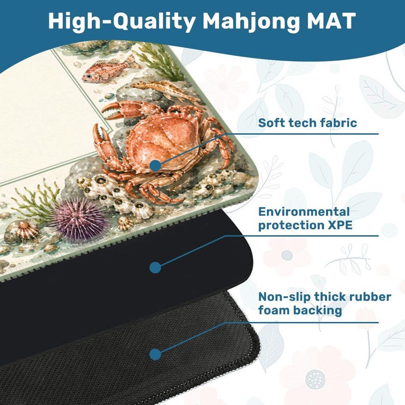 Crab Mahjong Table Mat with Travel Carry Bag, Coastal Seashell Ocean Tile Game Mat, Mahjong Accessory Gift 31.5"x31.5" (Ship Rolled up) image 4