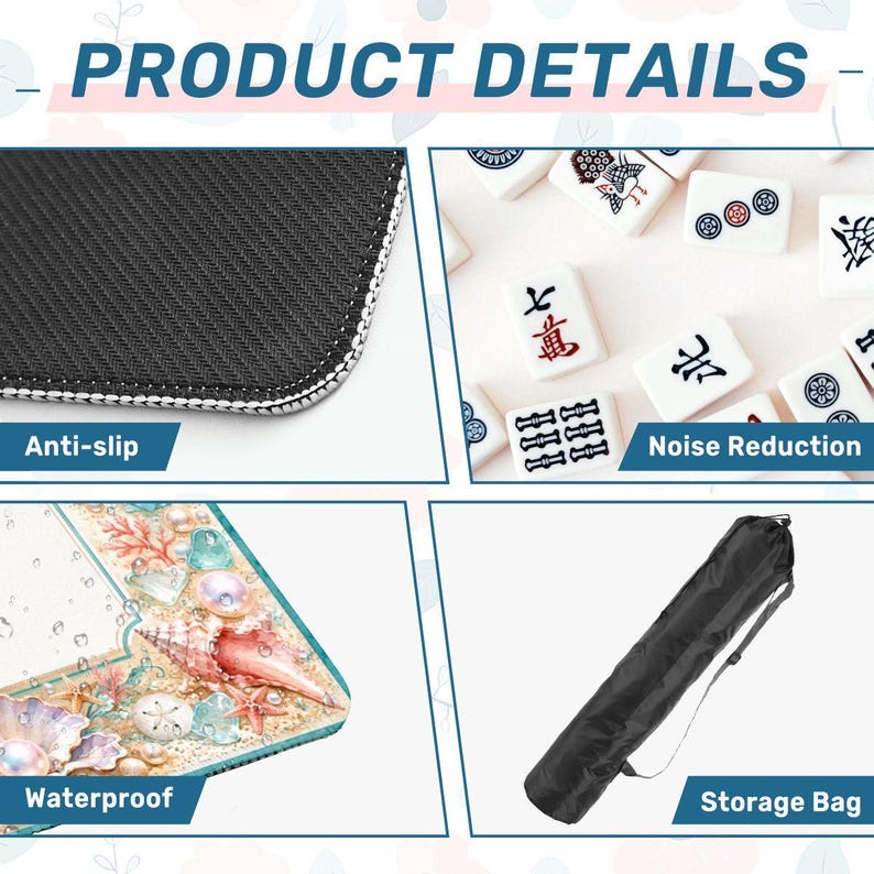 Tapete de mesa de Mahjong con diseño de conchas marinas y perlas, con bolsa de transporte, tapete de juego con diseño costero y oceánico, accesorio de regalo para Mahjong, 80 x 80 cm (se envía enrollado). imagen 5