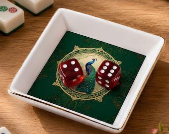 Mahjong Dice Dish Tray with Gold Trim, Ceramic Catchall for dice, Game Night Decor, Gift for Mahjong Lovers and Tabletop Players
