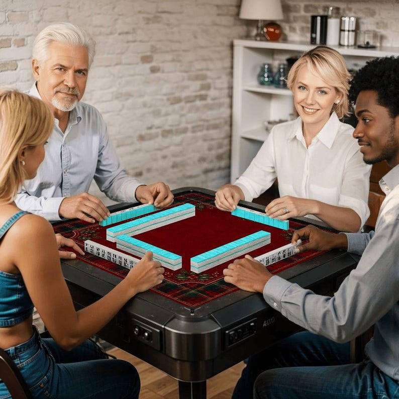 Tapete de Mahjong navideño con diseño de acebo a cuadros rojos y bolsa de transporte, tapete de Mahjong para las fiestas, regalo ideal para una noche de juegos festiva, 80 x 80 cm (se envía enrollado). imagen 7