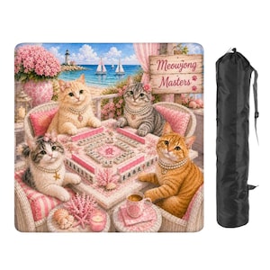 May include: A square, pink and white patterned mat featuring four cats playing mahjong. The cats are wearing pearl necklaces and sitting around a table with mahjong tiles. The background shows a beach scene with a lighthouse and sailboats. The mat is accompanied by a black carrying bag.