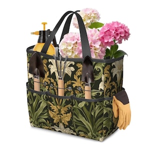 May include: A floral-patterned garden tote bag with black handles, filled with pink and white hydrangeas, gardening tools, a yellow spray bottle, and a tan gardening glove. The bag has multiple pockets for tools.
