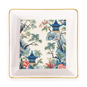 Blue Pagoda Chinoiserie Mahjong Dice Dish Tray, Ceramic Tile Game Bowl, Floral Mahjong Accessory Gift for Game Night Players image 3