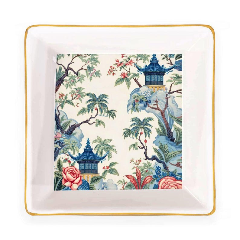 Blue Pagoda Chinoiserie Mahjong Dice Dish Tray, Ceramic Tile Game Bowl, Floral Mahjong Accessory Gift for Game Night Players image 3