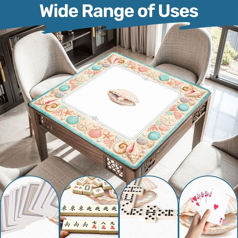 Seashell Mahjong Table Mat with Travel Carry Bag, Coastal Ocean Tile Game Mat, Mahjong Accessory Gift 31.5"x31.5" (Ship Rolled up) image 7