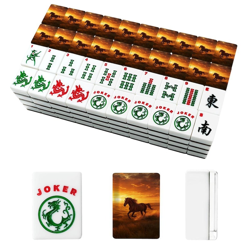 Horse Theme Mahjong Tile Set 166 Pieces, Hand Painted Mahjong Tiles, American Mahjong Game Set, Western Sunset Horse Design Gift zdjęcie 2