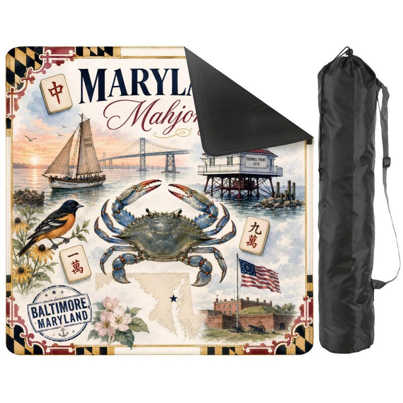 Maryland Mahjong Mat, Chesapeake Bay Blue Crab Game Mat, Baltimore Mahjong Table Mat, Coastal Maryland Tile Mat 31.5"x31.5" (Ship Rolled up) image 2