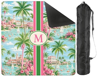 Personalized Tropical Mahjong Mat with Carry Bag,Custom Palm Beach Mahjong Mat,Pink Green Game Night Gift 31.5"x31.5"(Ship Rolled up)