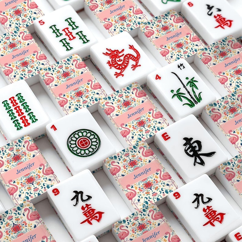 Personalized Flamingo Mahjong Tile Set 166 Pieces, Custom Name Mahjong Tiles, American Mahjong Tile Set, Tropical Game Gift image 1