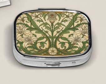 Art Nouveau Floral Pill Box with Vintage Botanical Design, Small Metal Travel Pill Case, Elegant Green Pocket Pill Holder