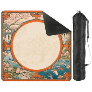 May include: A rectangular picnic blanket with an Asian-inspired design featuring koi fish, cherry blossoms, and a tree. The blanket has an orange border and a black underside. A black carrying bag is included.