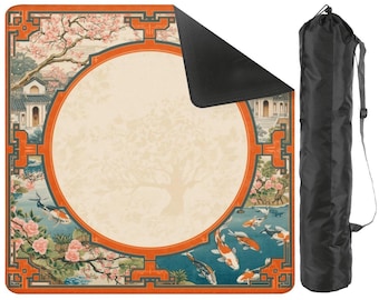 Chinoiserie Mahjong Table Mat with Bag – Waterproof Game Mat 31.5"x31.5" Featuring Floral Koi Pond Design for Board Games (Ship Rolled up)