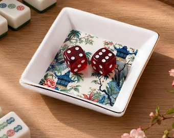 Blue Pagoda Chinoiserie Mahjong Dice Dish Tray, Ceramic Tile Game Bowl, Floral Mahjong Accessory Gift for Game Night Players