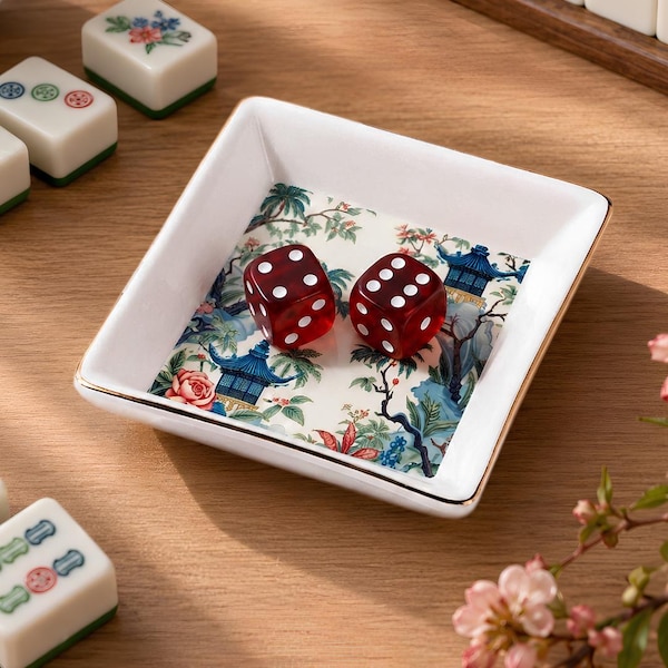 Blue Pagoda Chinoiserie Mahjong Dice Dish Tray, Ceramic Tile Game Bowl, Floral Mahjong Accessory Gift for Game Night Players